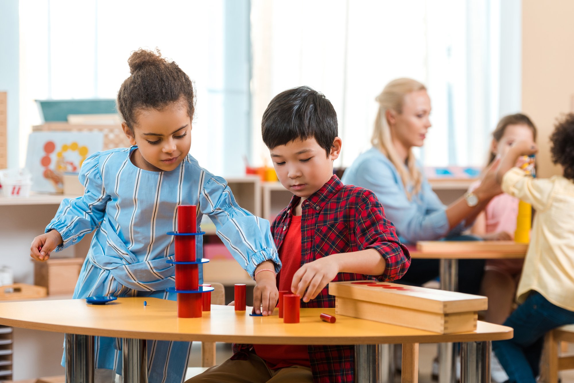 Students playing with blocks