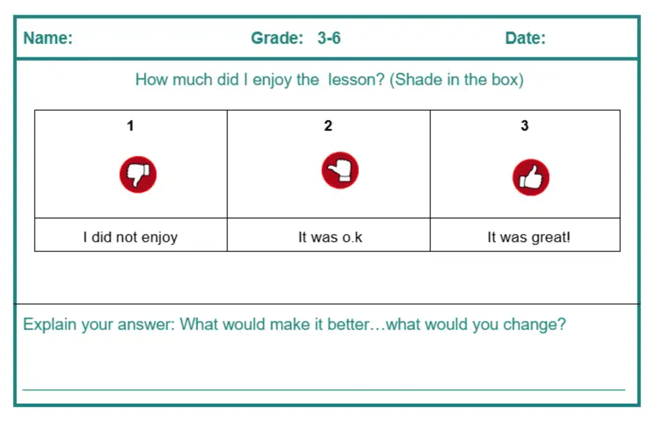 Sample PE Class Reflection: How much did I enjoy the lesson? I did not enjoy (with thumbs down), It was ok (Sideway thumb) or It was great (thumbs up). What would make it better or what would you change? 