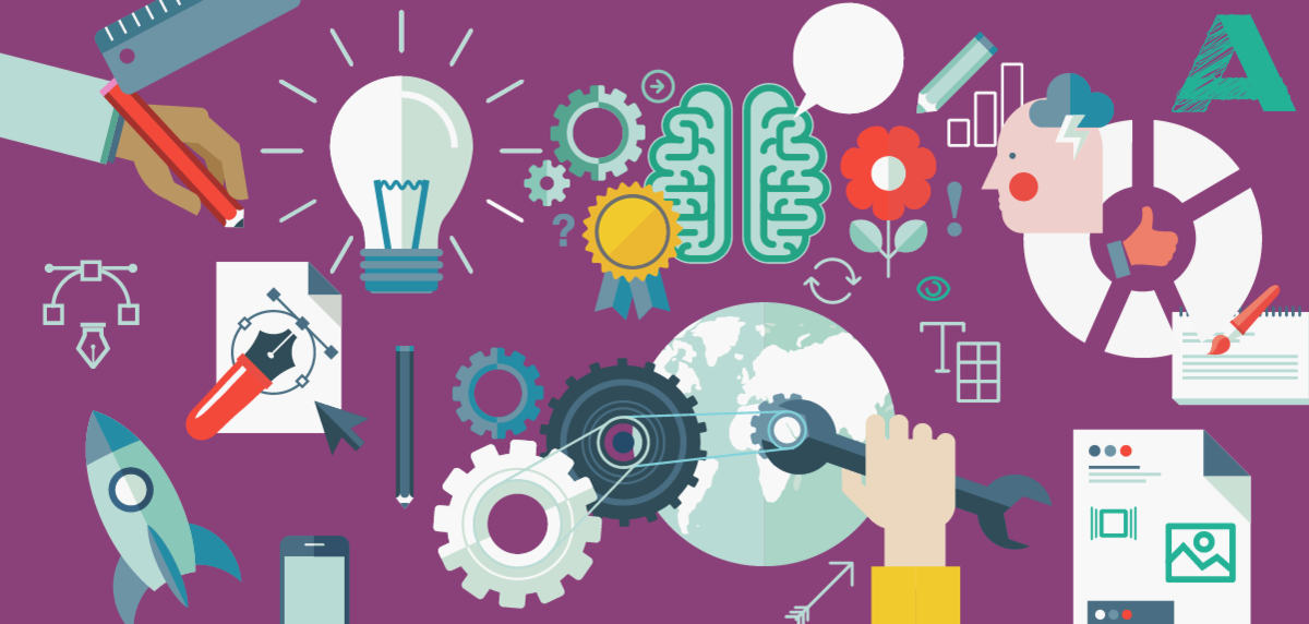 graphic of gears and pencils and lightbulbs - decorative